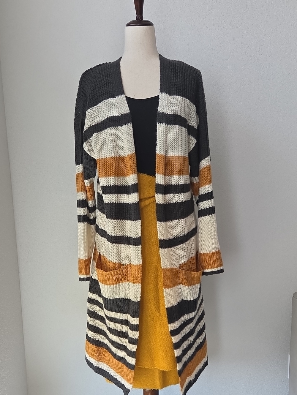 Long Amaryllis Striped Open-Front Cardigan Sweater Mustard Cream Black XS To S